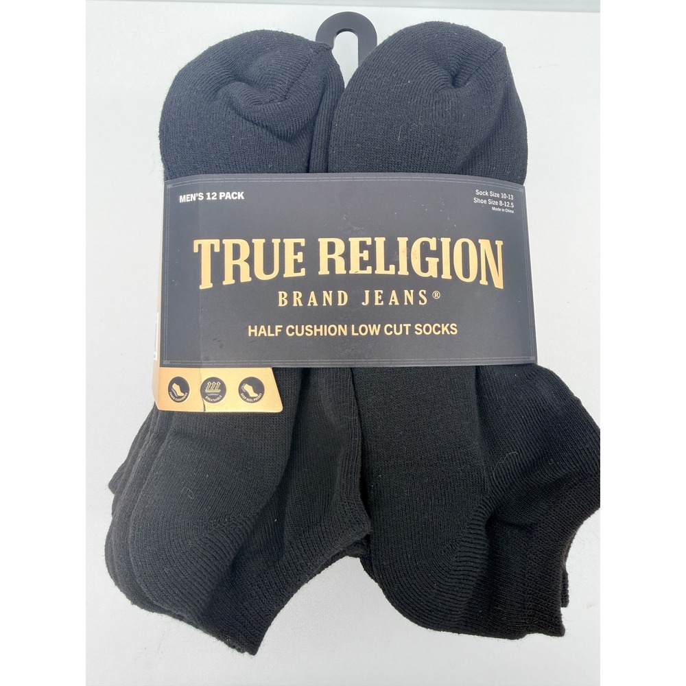 True Religion Low Cut Socks Men 10-13 Black NEW 12 Pack Half Cushion 12-M1870TR